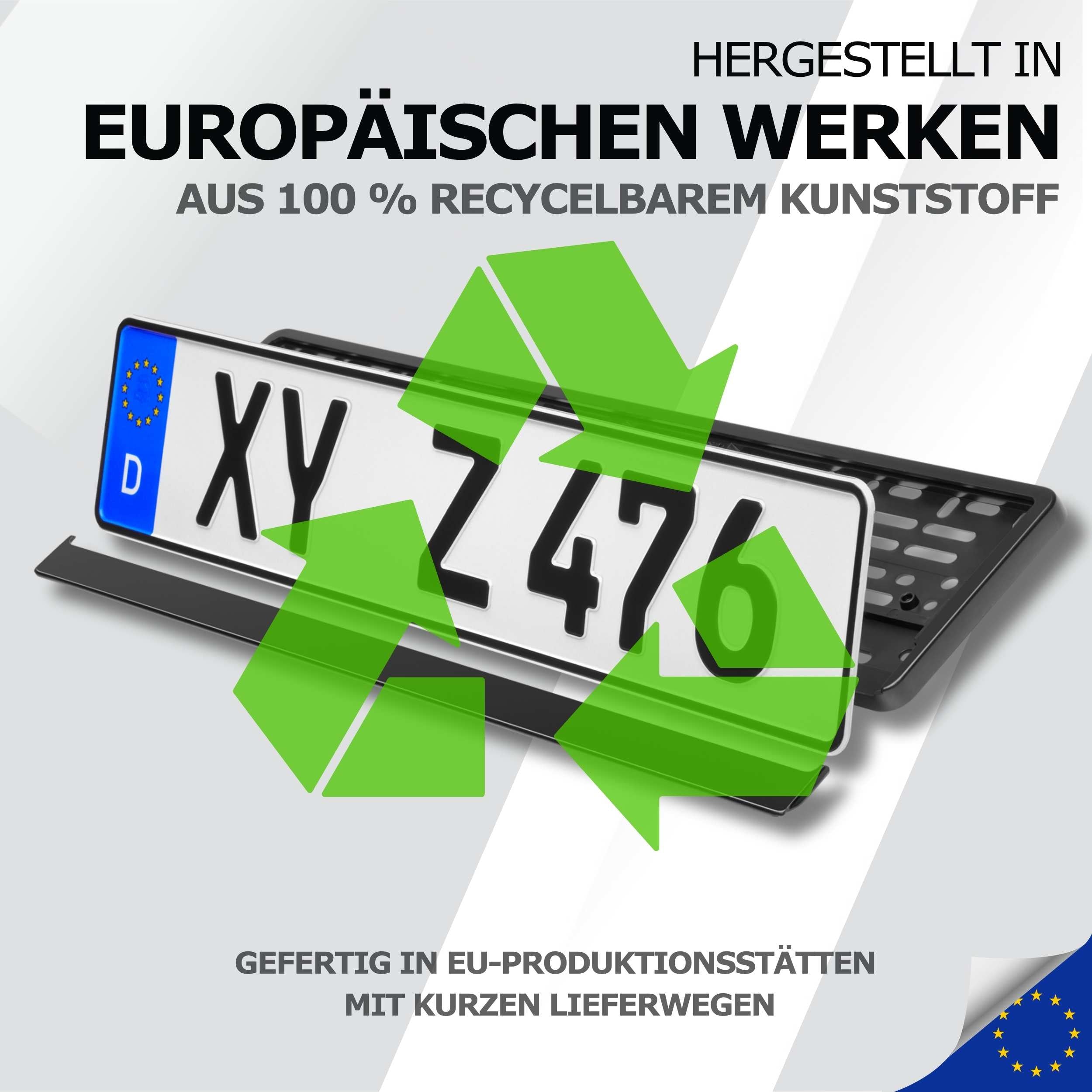 Umweltfreundliche Kennzeichenhalter aus 100% recycelbarem Kunststoff - europäische Herstellung mit kurzen Lieferwegen