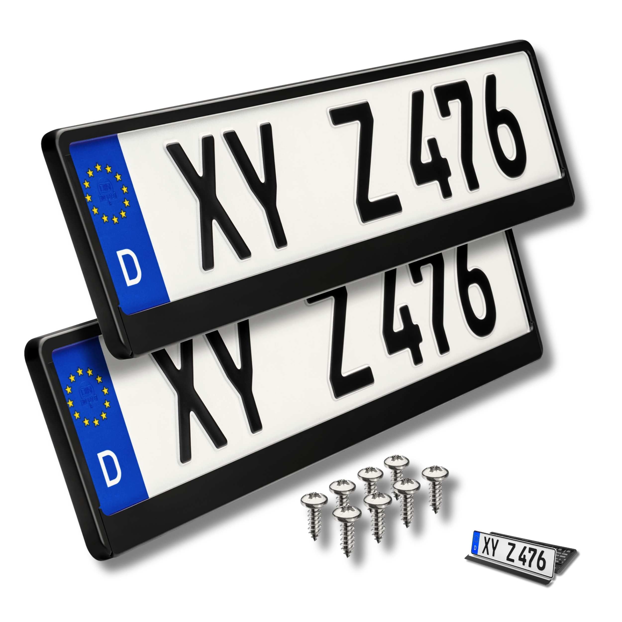 Zwei schwarze Kennzeichenhalter mit deutschen Kennzeichen, Edelstahlschrauben und Befestigungsmaterial - Komplettset