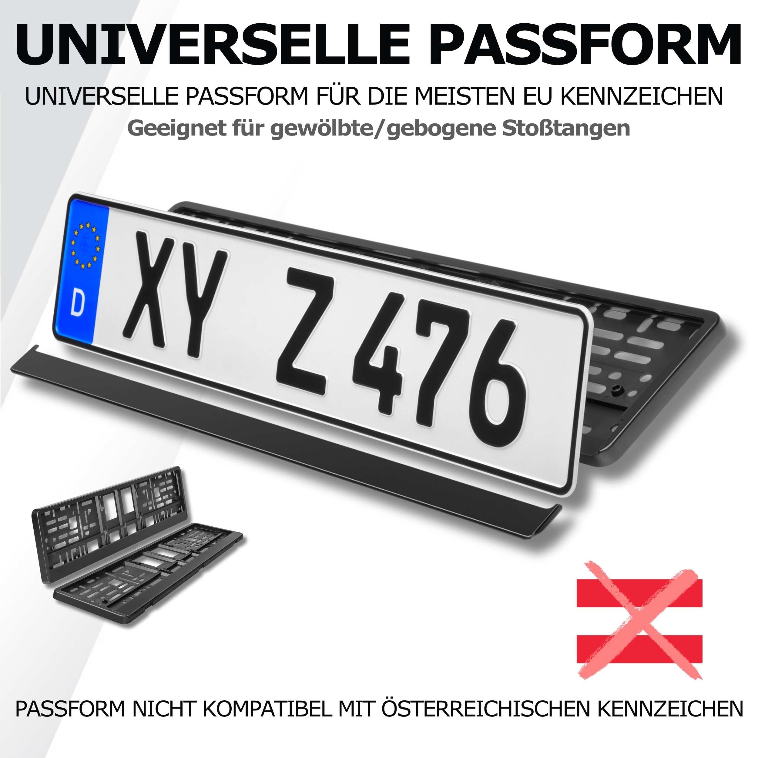 Universelle Kennzeichenhalter mit verstellbarer Passform für gewölbte Stoßstangen - kompatibel mit den meisten EU-Kennzeichen