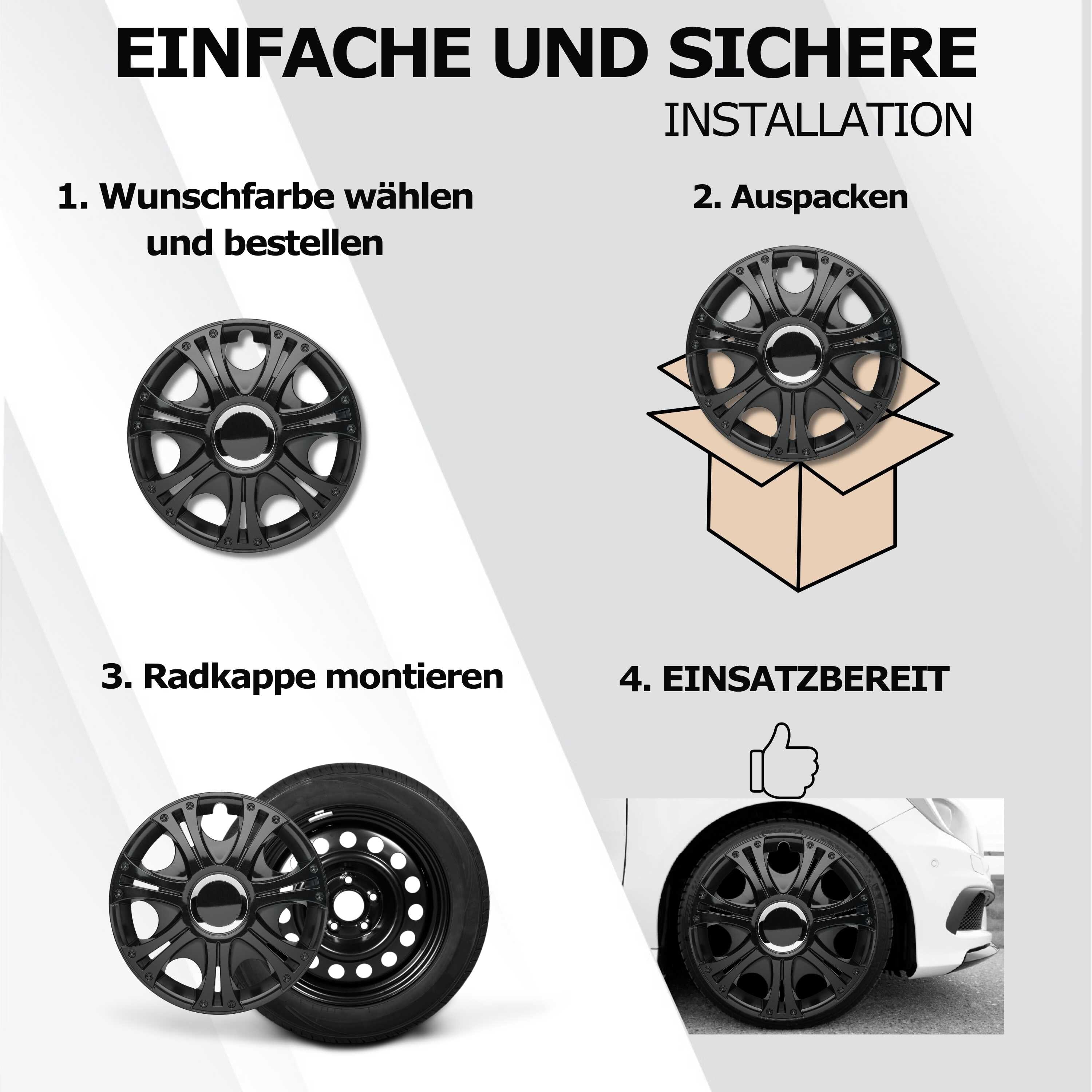 Radkappen schwarz - 4 Stück Grenada Radzierblenden für Stahlfelgen 13-16 Zoll