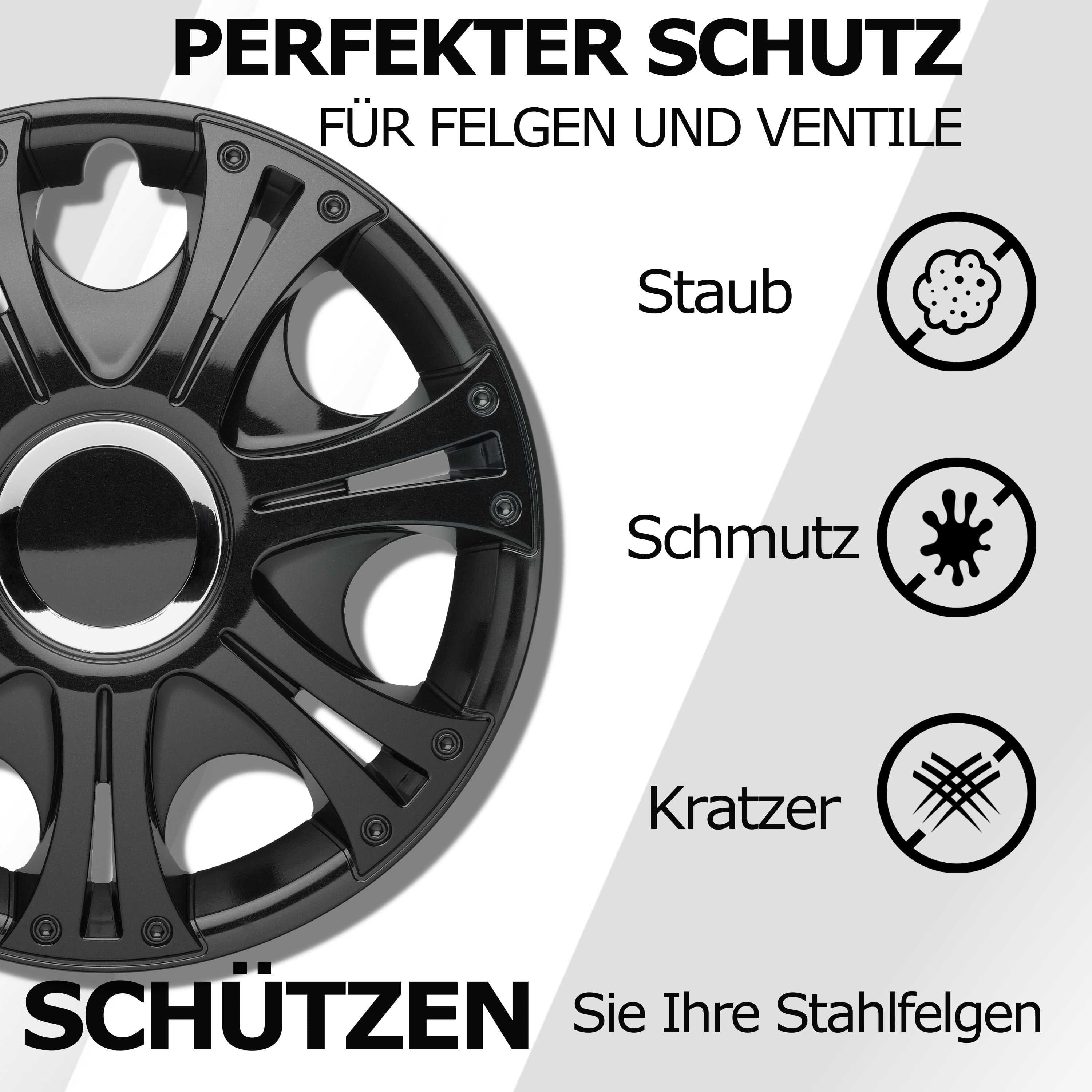 Radkappen schwarz - 4 Stück Grenada Radzierblenden für Stahlfelgen 13-16 Zoll