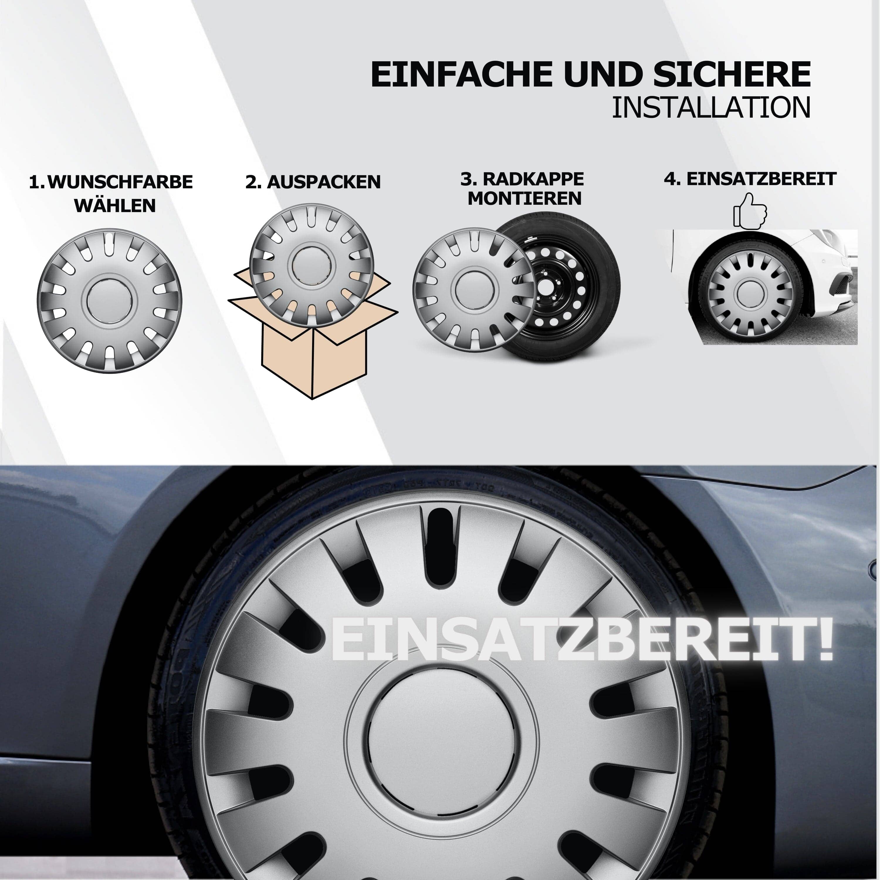 Radkappen silber - 4 Stück Capri Radzierblenden für Stahlfelgen 13-16 Zoll