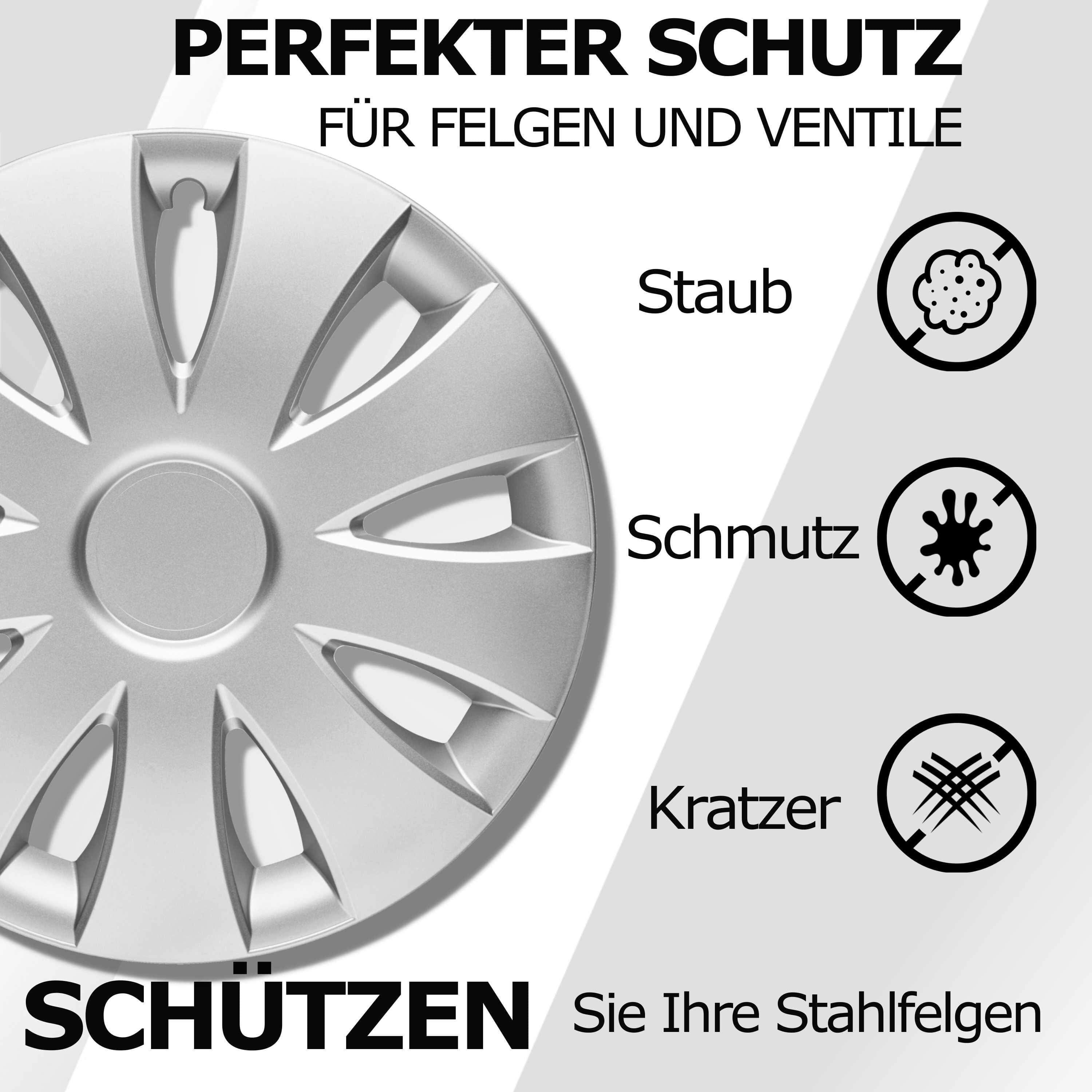 Radkappen silber oder schwarz - 4 Stück Aura Radzierblenden für Stahlfelgen 13-16 Zoll
