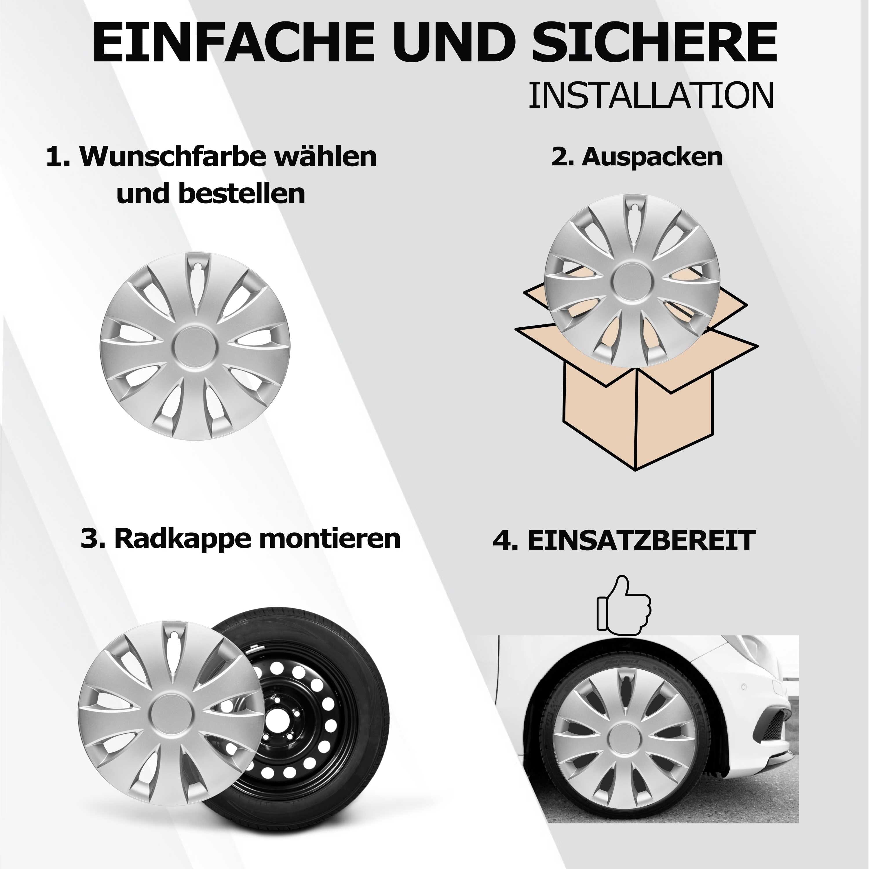 Radkappen silber oder schwarz - 4 Stück Aura Radzierblenden für Stahlfelgen 13-16 Zoll