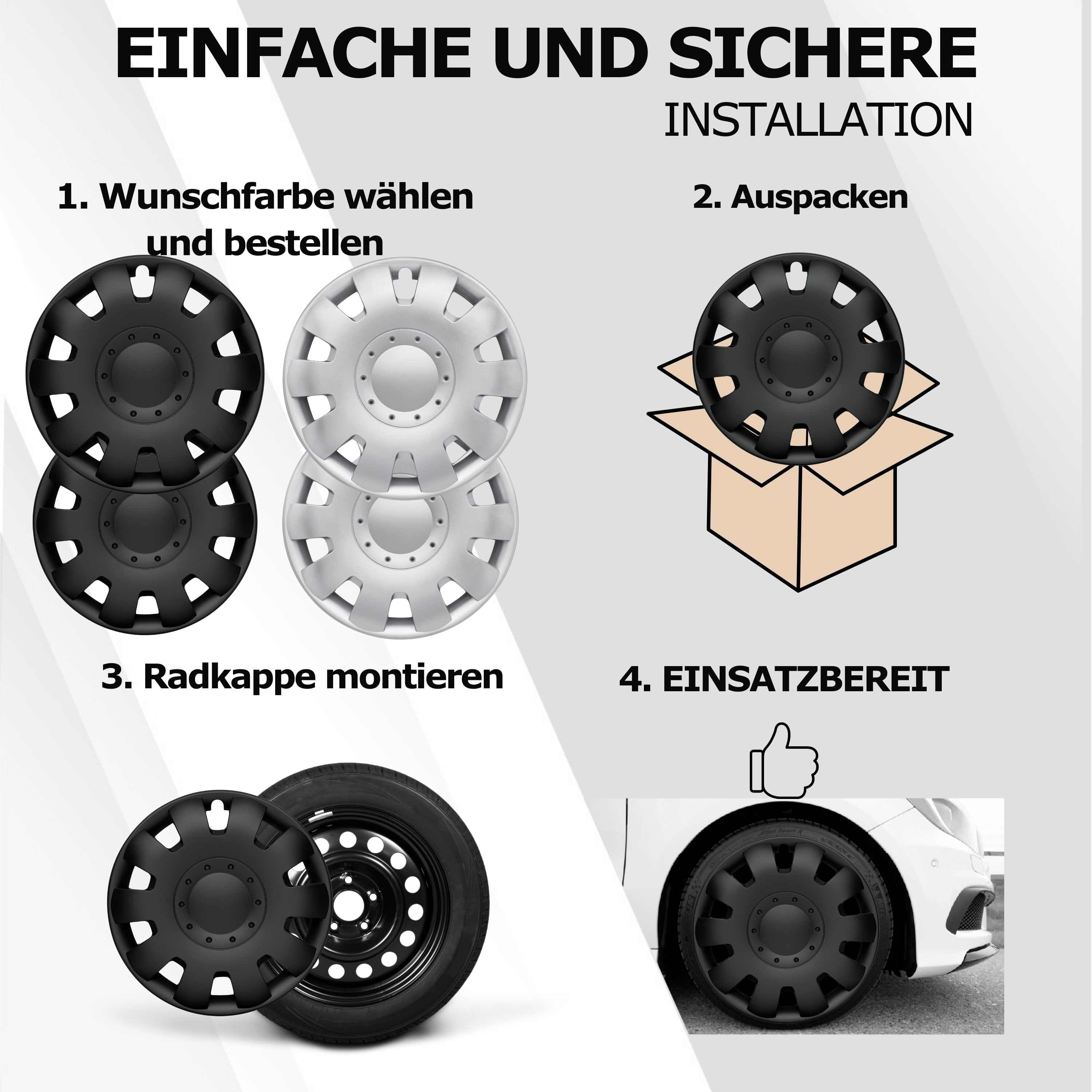 Radkappen silber oder schwarz - 4 Stück Neptun Radzierblenden für Stahlfelgen 13-17 Zoll