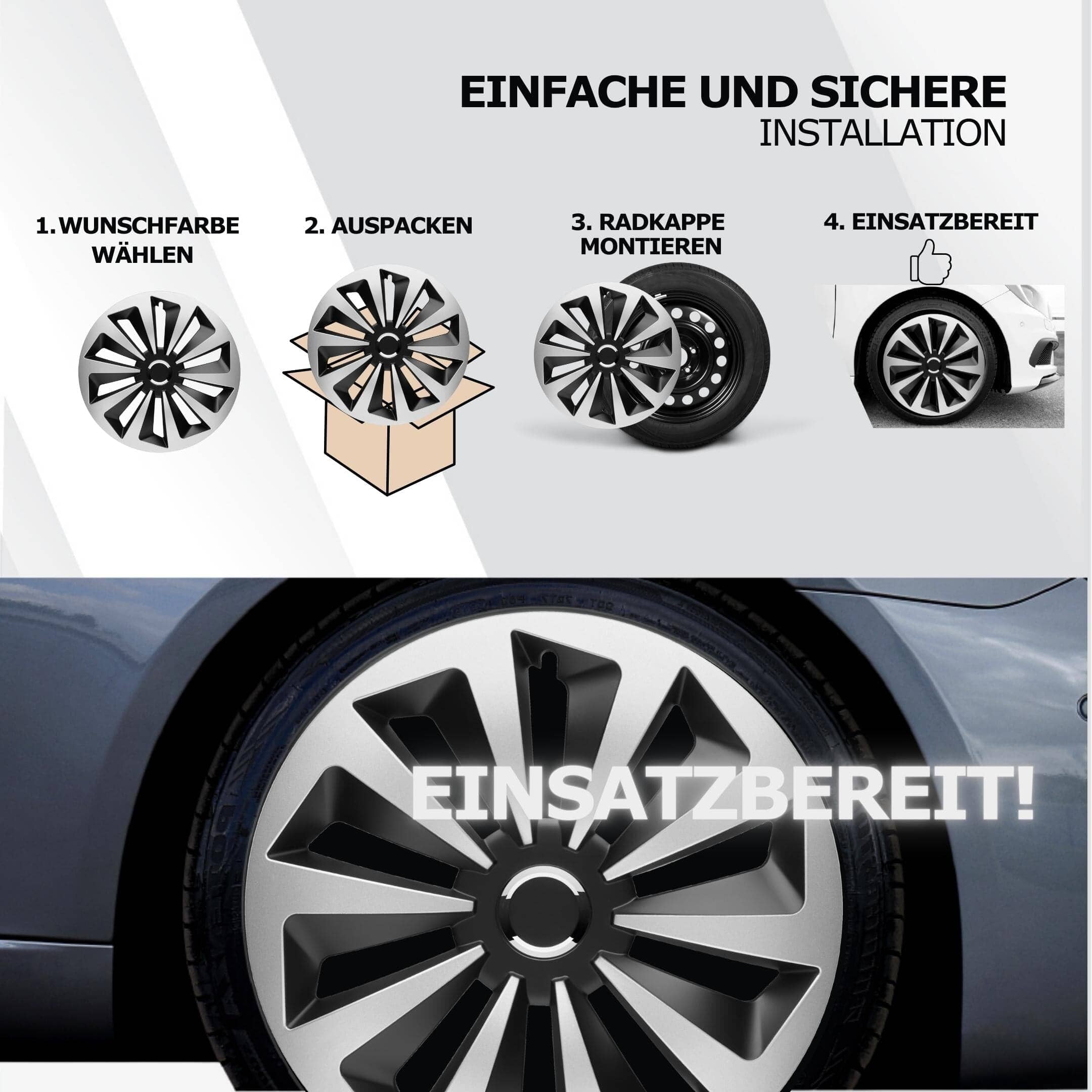 Radkappen silber oder schwarz - 4 Stück Rock Radzierblenden für Stahlfelgen 13-16 Zoll Fahrzeuge & Teile KuGlo Auto-Räder-Freizeitzubehör GmbH