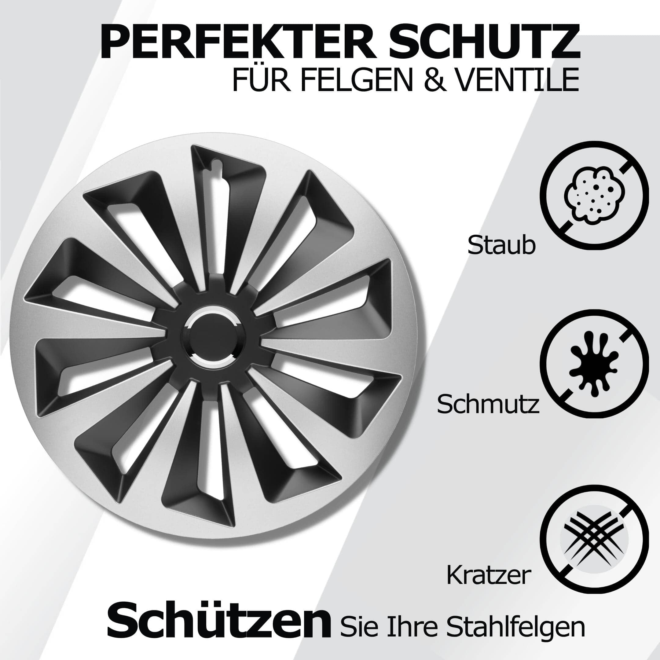 Radkappen silber oder schwarz - 4 Stück Rock Fox Radzierblenden für Stahlfelgen 13-16 Zoll