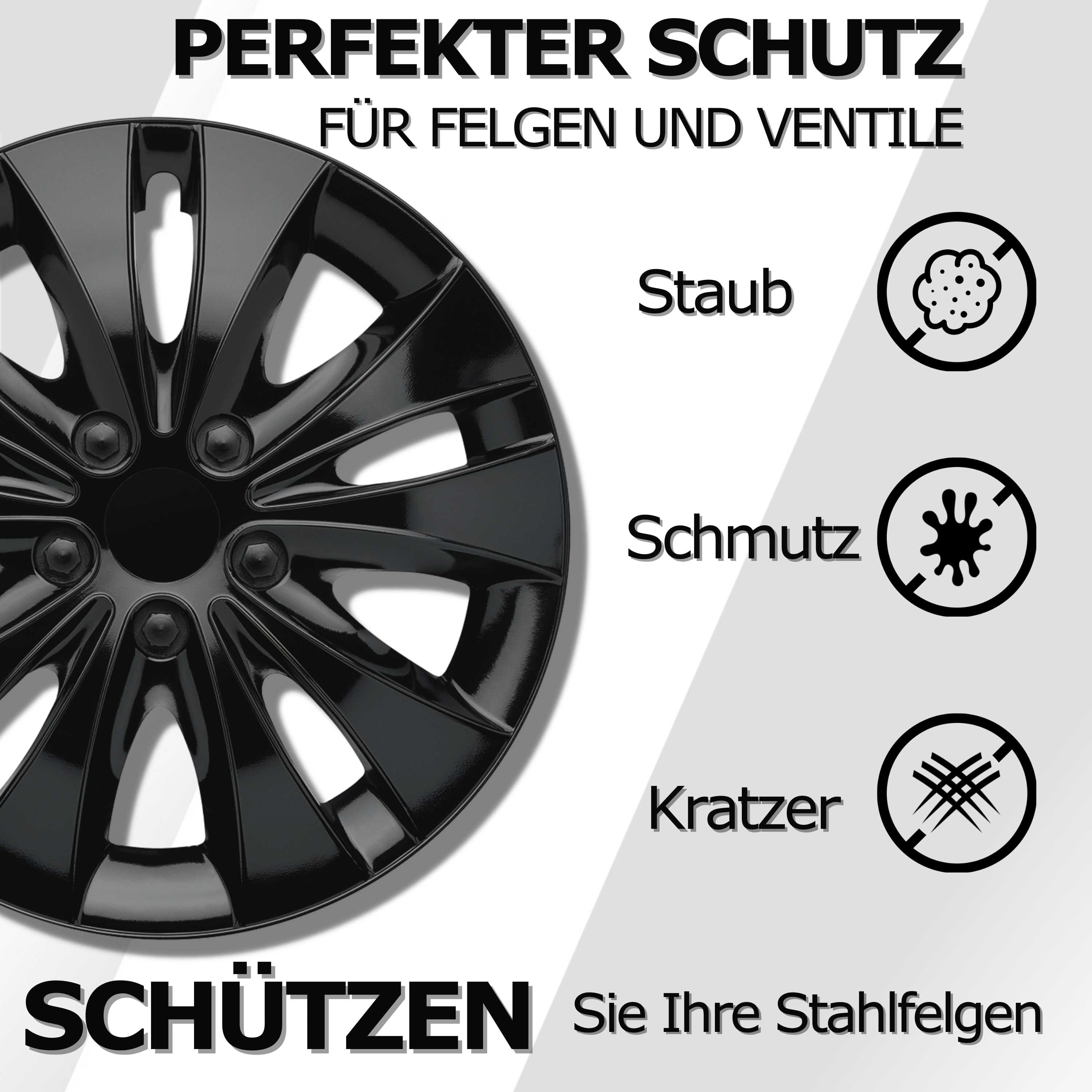 Radkappen silber oder schwarz - 4 Stück Storm Radzierblenden für Stahlfelgen 13-16 Zoll