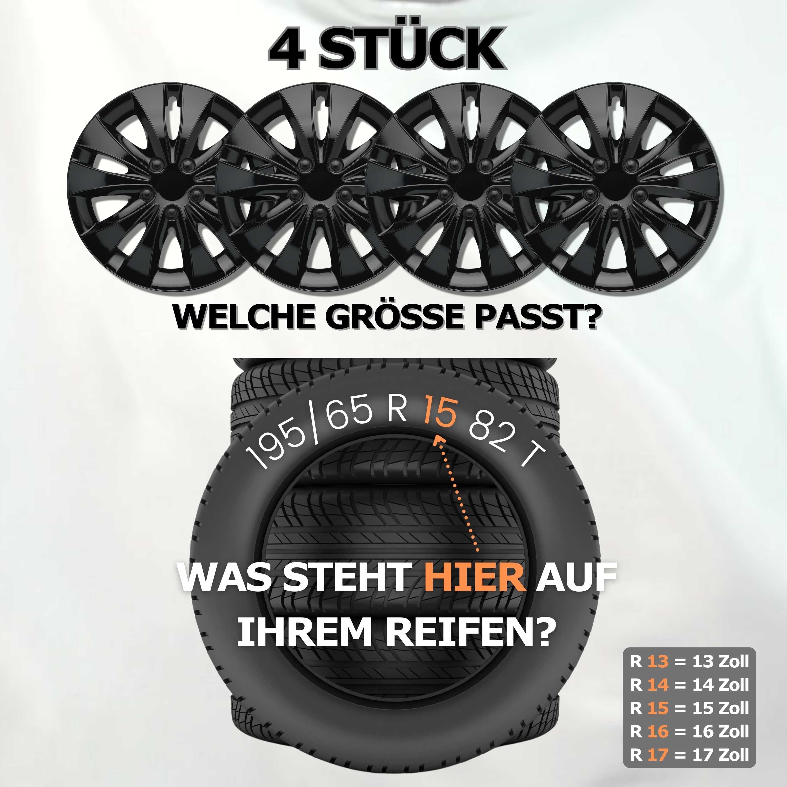 Radkappen silber oder schwarz - 4 Stück Storm Radzierblenden für Stahlfelgen 13-16 Zoll