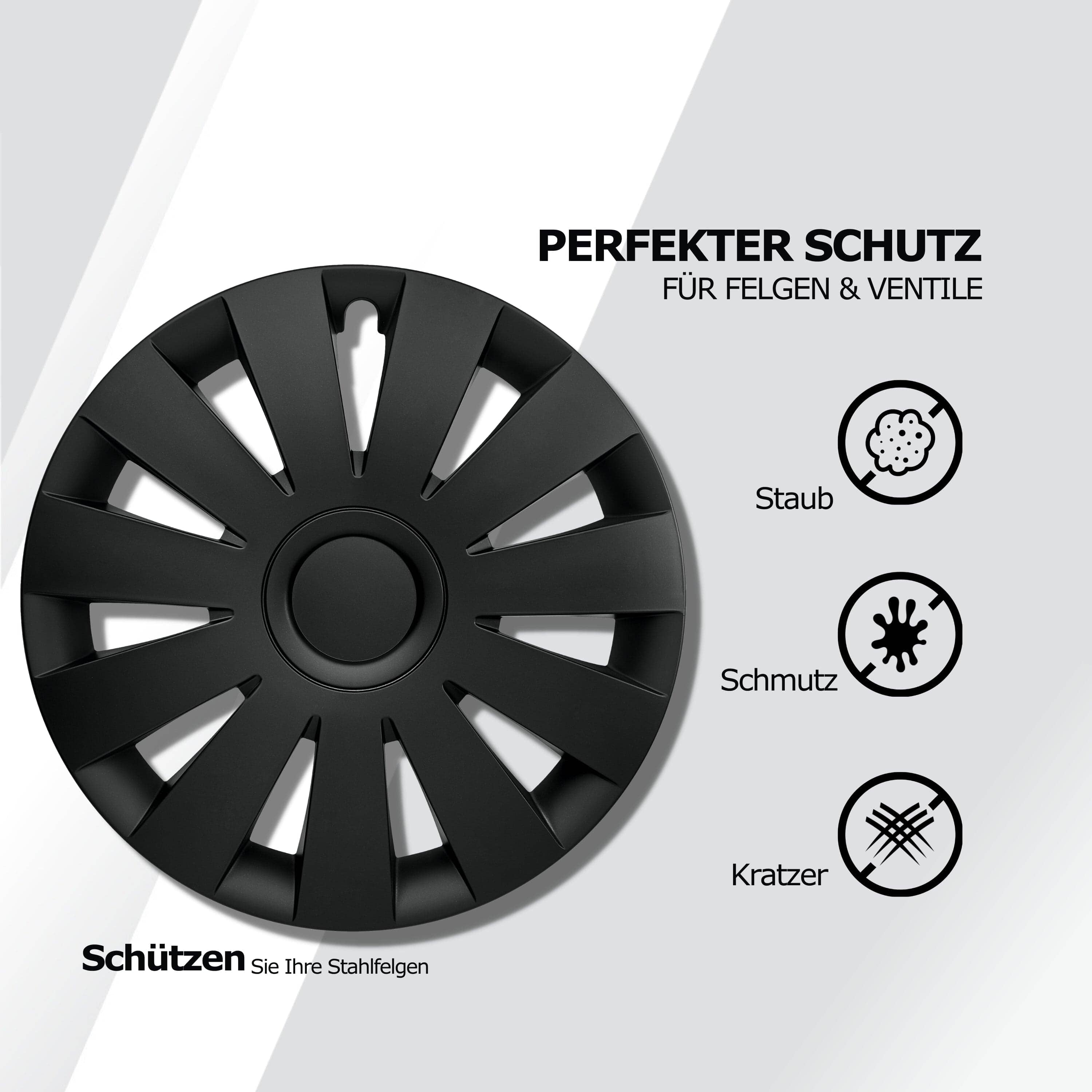 Radkappen silber oder schwarz - 4 Stück Strike Radzierblenden für Stahlfelgen 13-16 Zoll