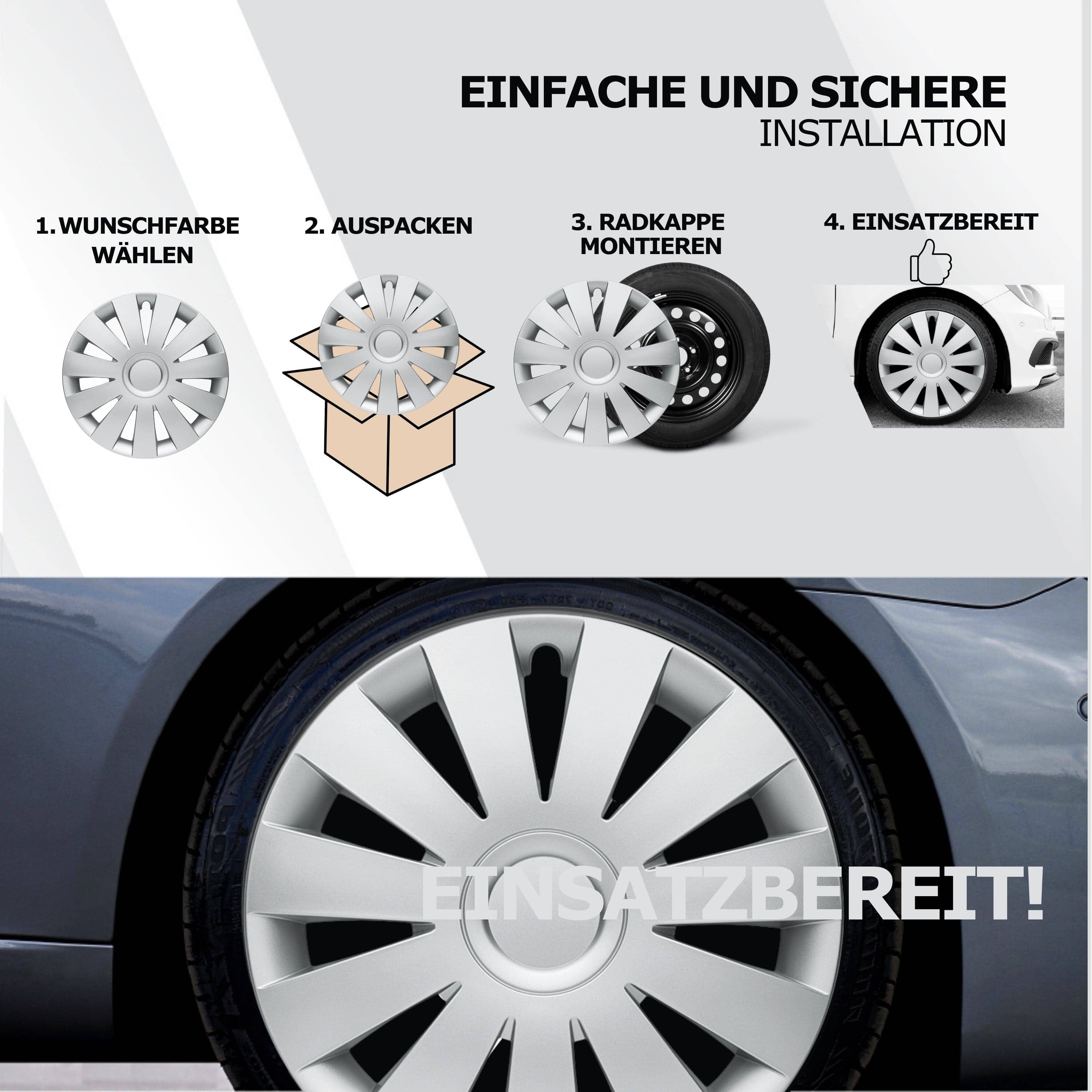 Radkappen silber oder schwarz - 4 Stück Strike Radzierblenden für Stahlfelgen 13-16 Zoll