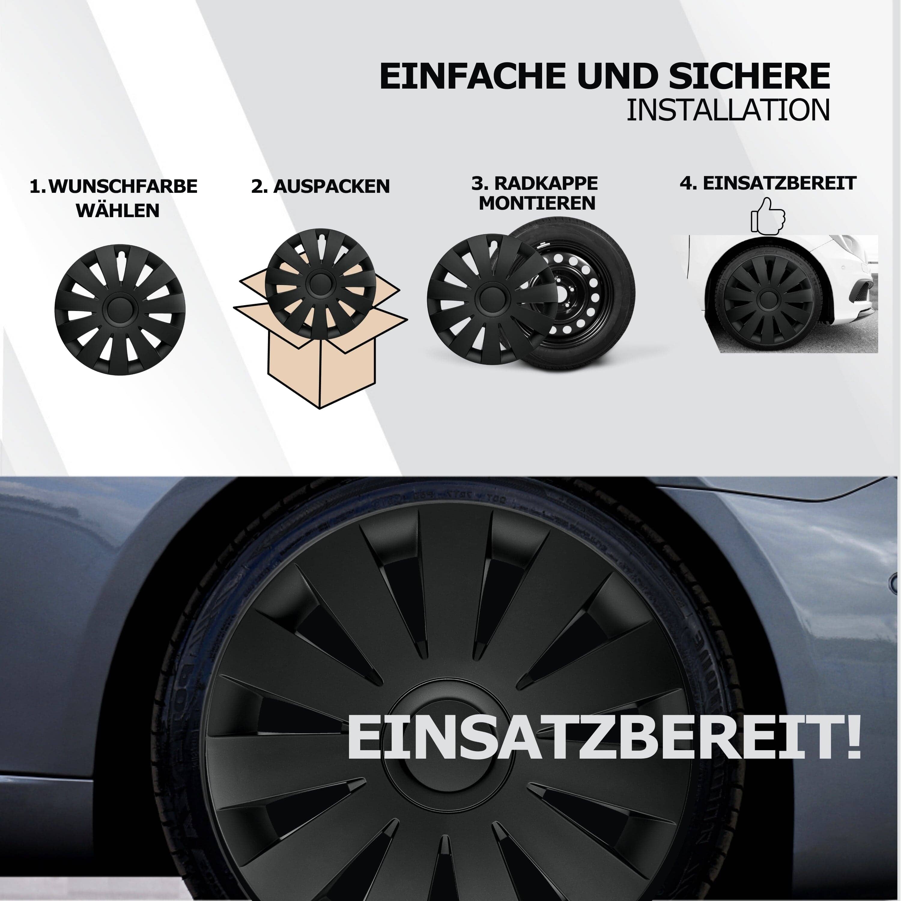 Radkappen silber oder schwarz - 4 Stück Strike Radzierblenden für Stahlfelgen 13-16 Zoll