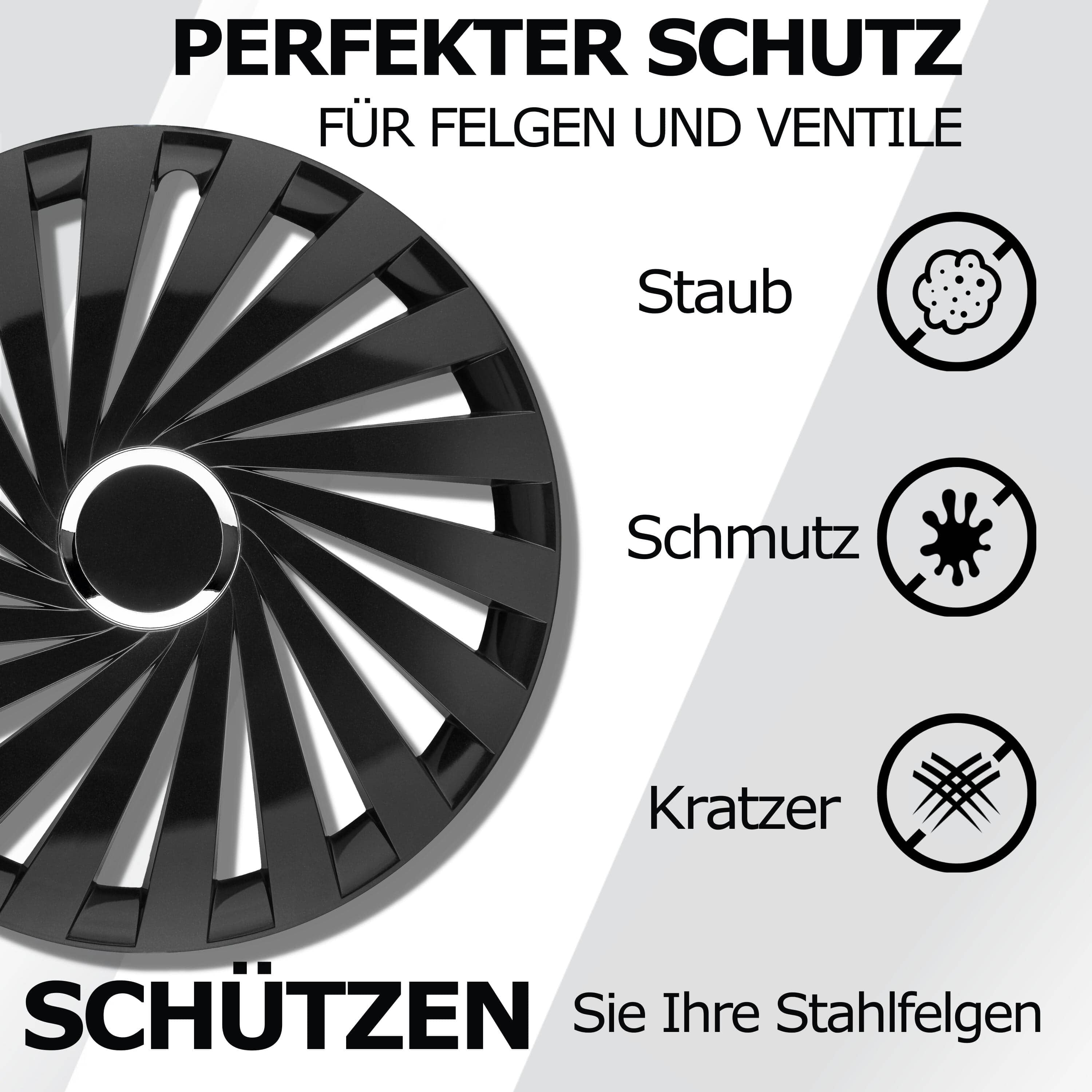 Radkappen silber oder schwarz - 4 Stück Warrior Radzierblenden für Stahlfelgen 13-16 Zoll