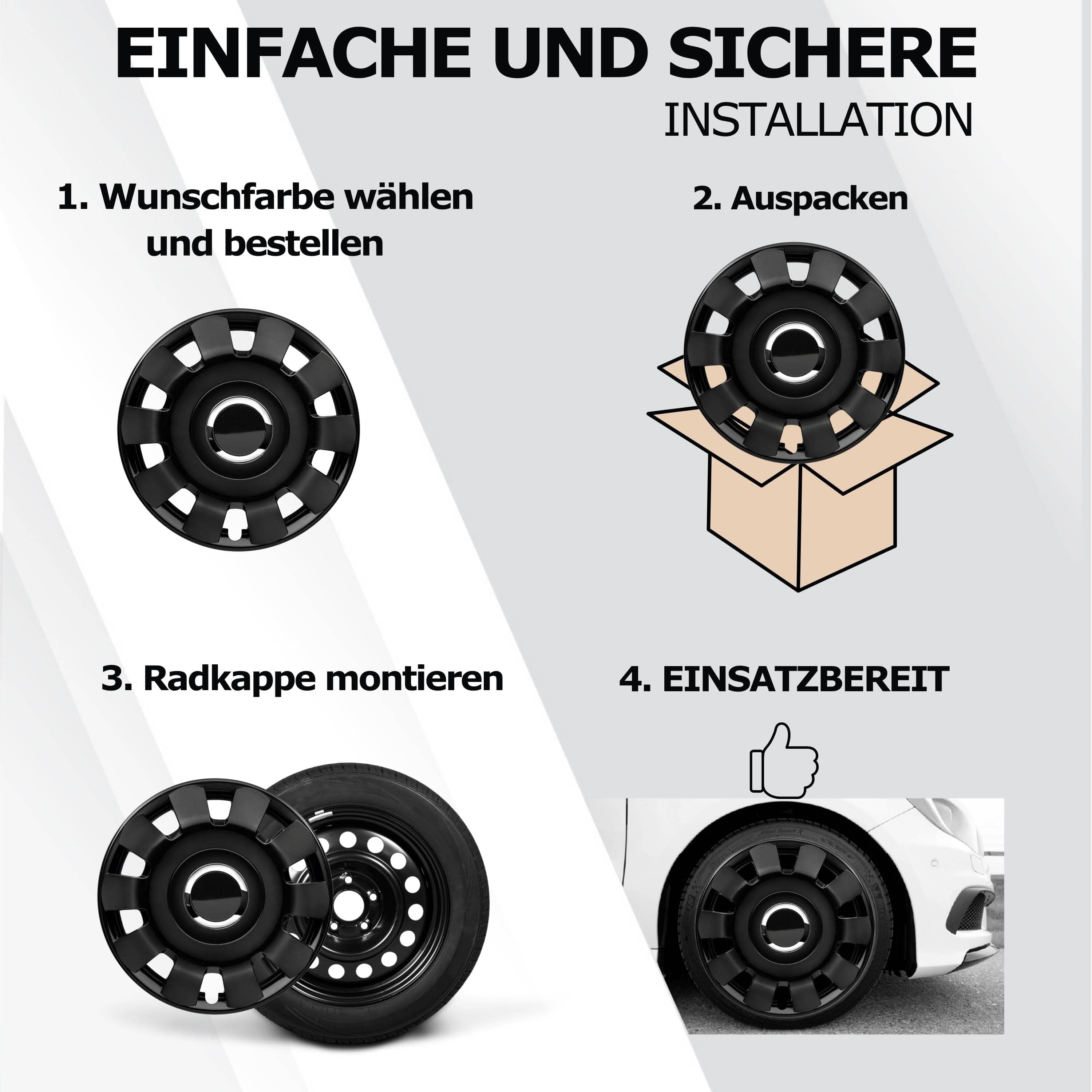 Radkappen silber oder schwarz Malibu - 4 Stück Radzierblenden für Stahlfelgen 13-16 Zoll