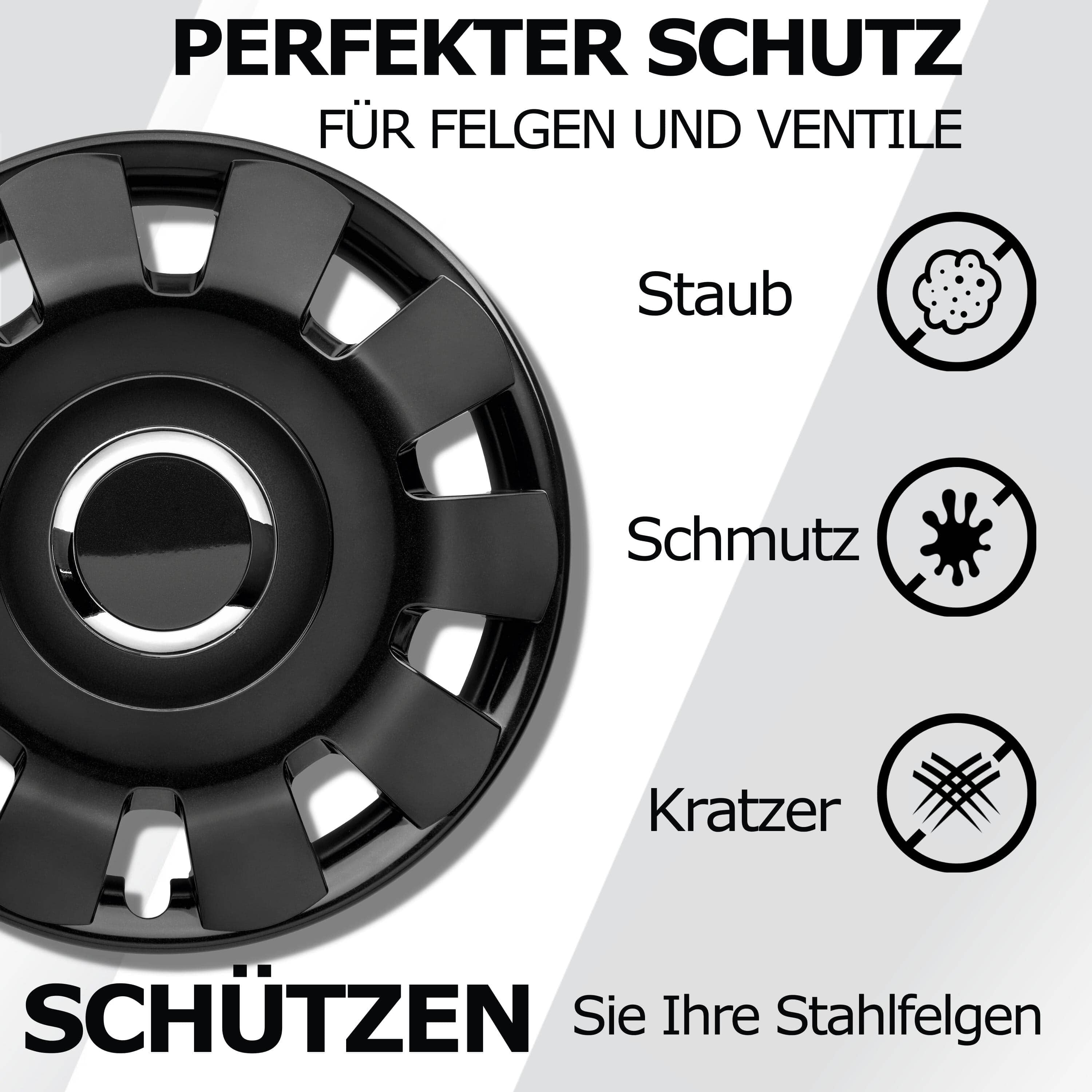 Radkappen silber oder schwarz Malibu - 4 Stück Radzierblenden für Stahlfelgen 13-16 Zoll