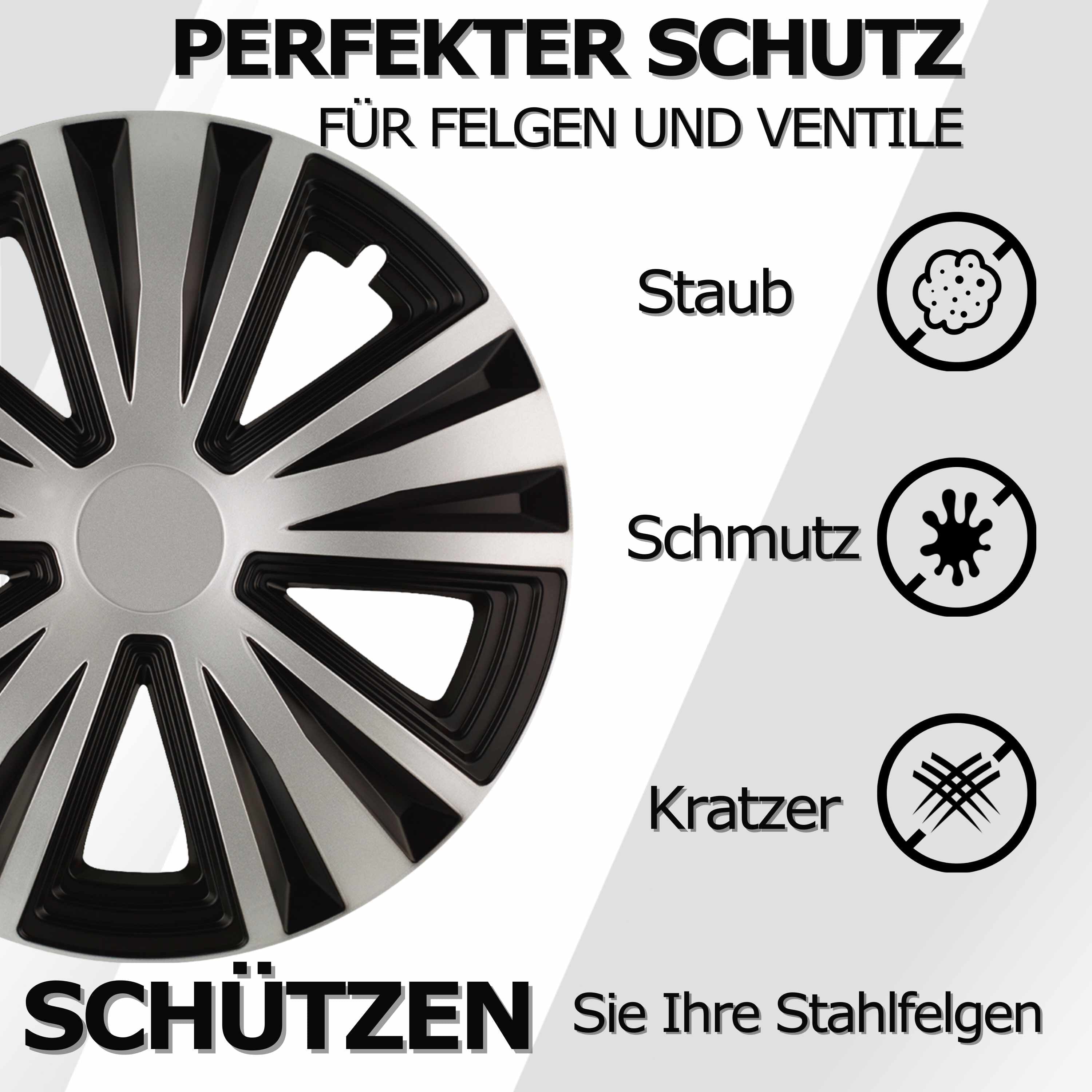 Radkappen silber-schwarz - 4 Stück Glory Radzierblenden für Stahlfelgen 13-16 Zoll