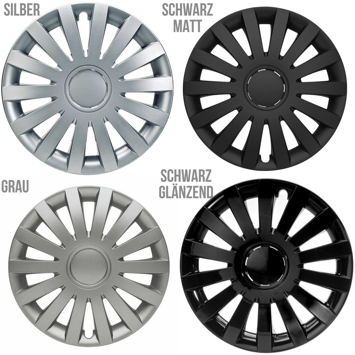 4x 16 Zoll Radkappen König RKK18 – Silber/schwarz, Universal, Tuning-Look!